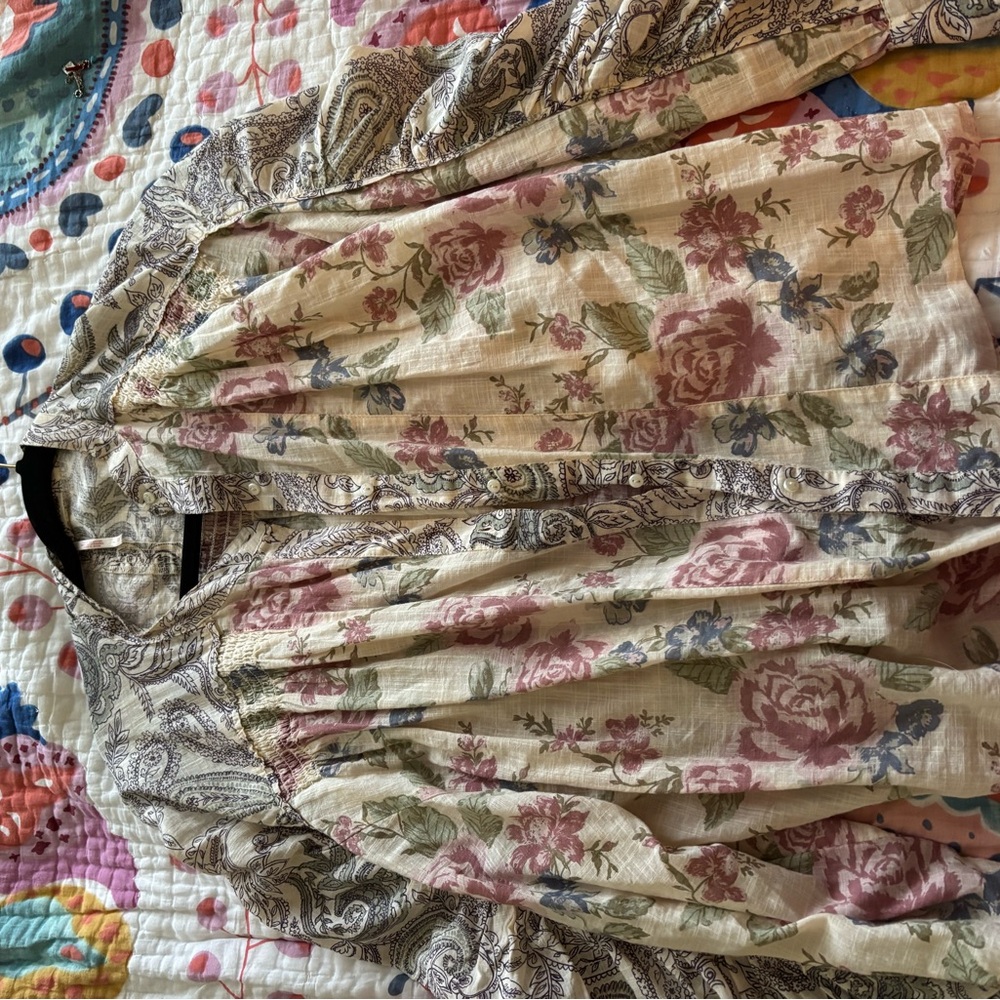 Free People Floral Paisley Blouse - Cream and Pink